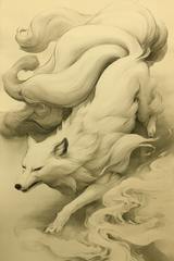 Sumi-e style ink print of a white nine-tailed fox prowling downward through mist, nine tails streaming behind, black ink on cream, Yugen Print