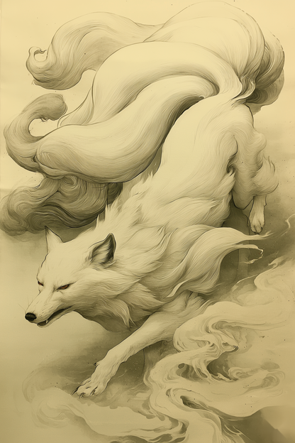 Sumi-e style ink print of a white nine-tailed fox prowling downward through mist, nine tails streaming behind, black ink on cream, Yugen Print