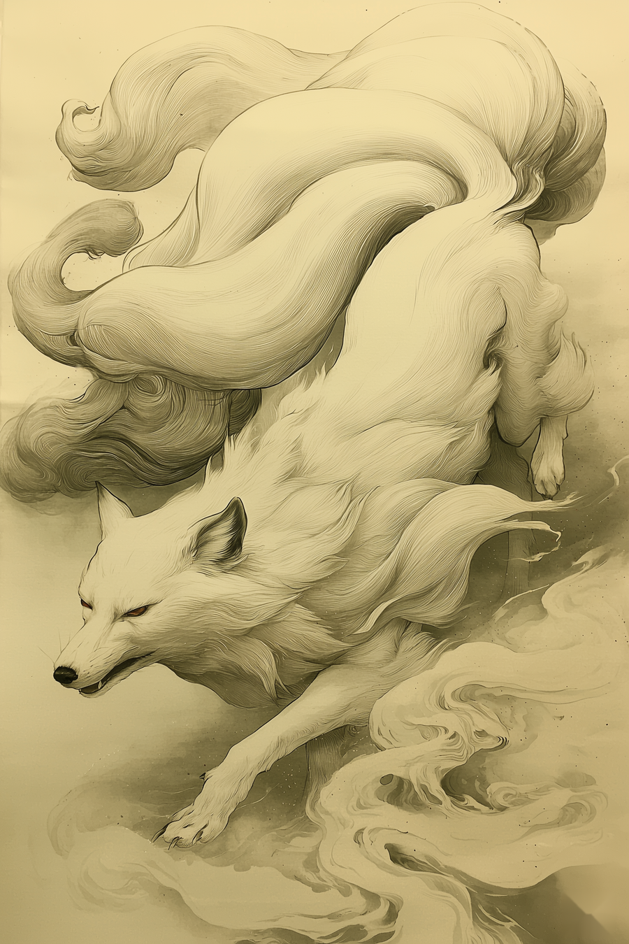 Sumi-e style ink print of a white nine-tailed fox prowling downward through mist, nine tails streaming behind, black ink on cream, Yugen Print