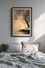 Winter Willow sumi-e print in a black frame above a bed with gray linen bedding