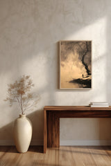 Winter Willow sumi-e print framed above a dark wood console and a cream vase on a plaster wall