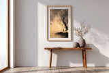 Winter Willow sumi-e print in an oak frame above a narrow wood console in a bright entryway