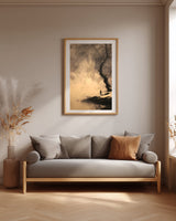 Winter Willow sumi-e print framed above a gray linen sofa in a neutral living room