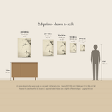 2:3 art print sizes from 8x12 to 24x36 inches shown to scale beside a sideboard and figure, with centimetres and approximate A sizes