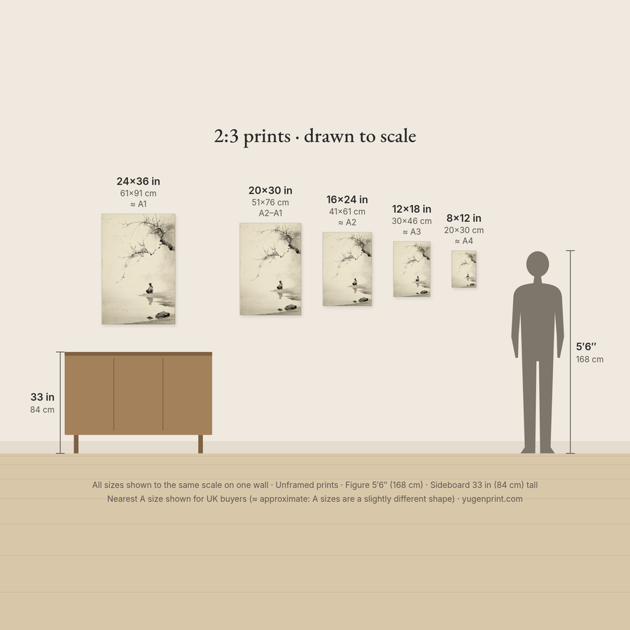 2:3 art print sizes from 8x12 to 24x36 inches shown to scale beside a sideboard and figure, with centimetres and approximate A sizes