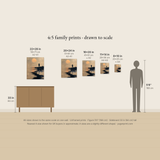 4:5 family art print sizes from 8x10 to 22x28 inches shown to scale beside a sideboard and figure, with centimetres and approximate A sizes