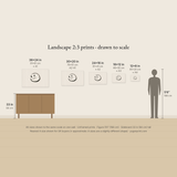 Landscape 2:3 art print sizes from 12x8 to 36x24 inches shown to scale beside a sideboard and figure, with centimetres and approximate A sizes