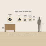 Square art print sizes from 8x8 to 24x24 inches shown to scale beside a sideboard and figure, with centimetres and approximate A sizes