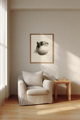Fugu Puff print in a wood frame above a cream armchair and side table, Yugen Print