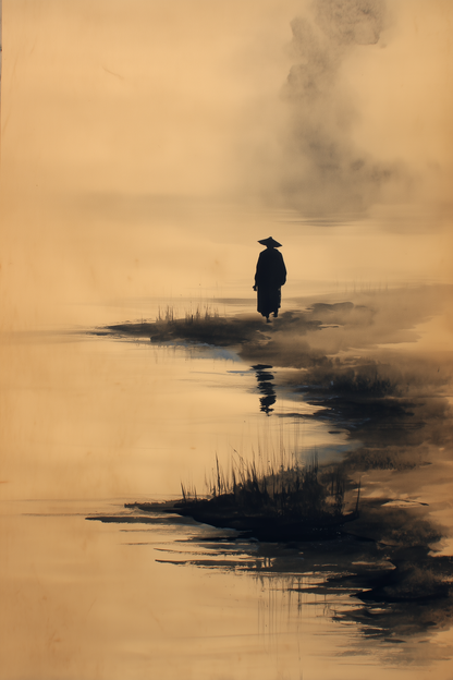 Sumi-e style ink print of a lone figure walking a misty shoreline with a soft reflection in the water, black ink on cream, Yugen Print