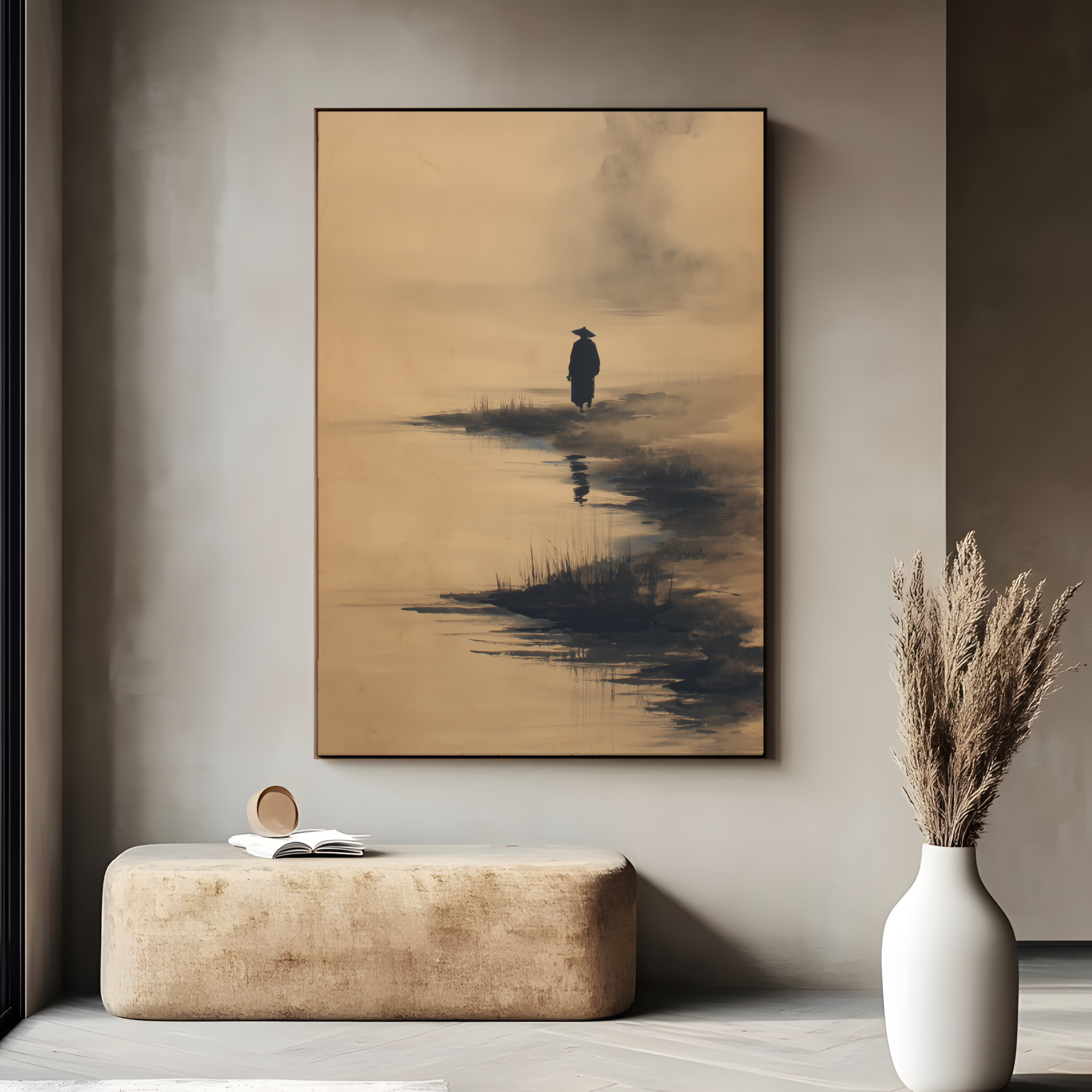Sumi-e style ink print of a solitary figure on a misty shoreline with a reflection, in a dark frame above a stone bench with pampas grass, Yugen Print
