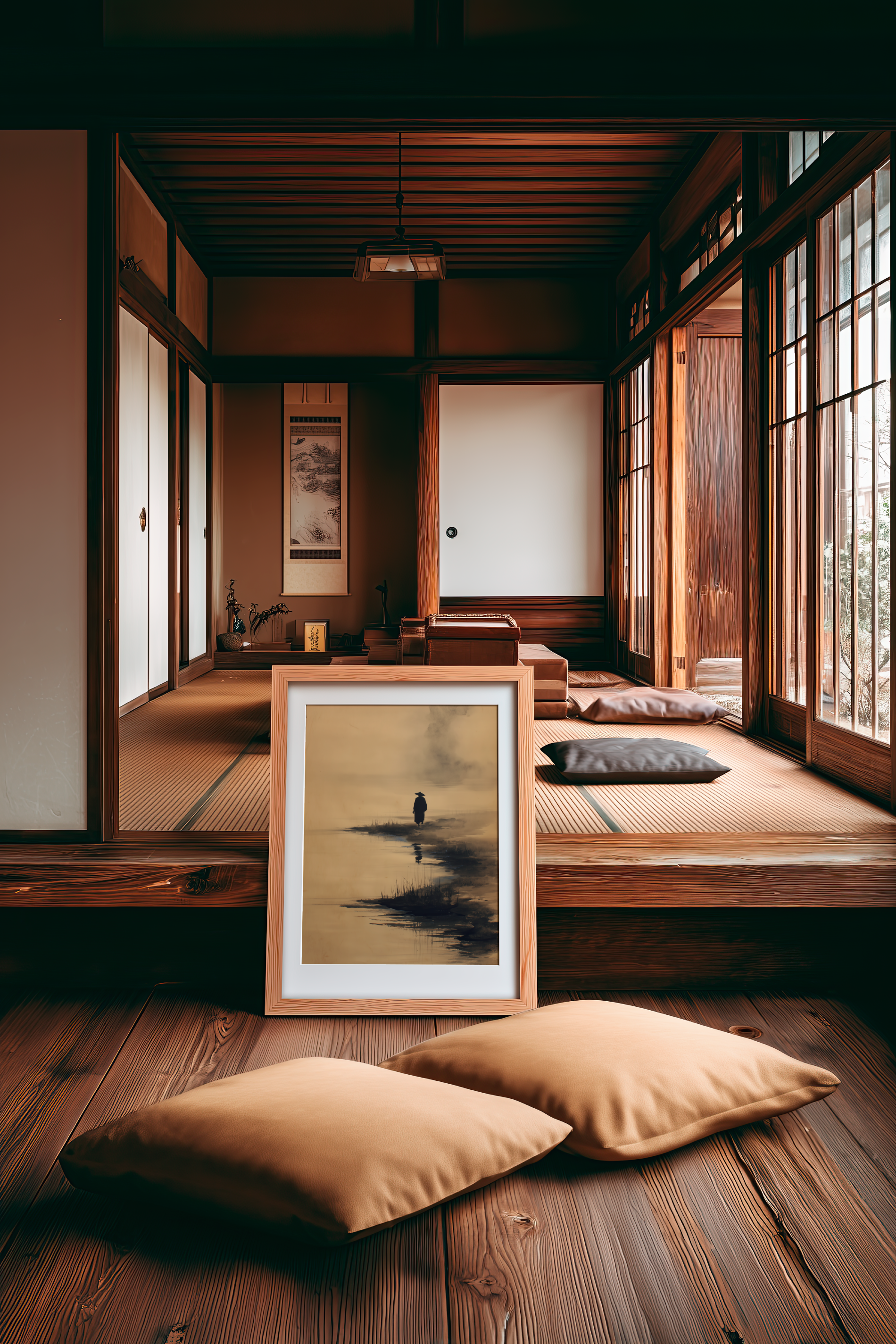 Sumi-e style ink print of a lone figure walking a shoreline in mist, framed on the floor of a Japanese tatami room with floor cushions, Yugen Print