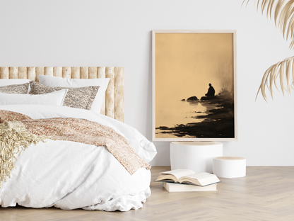 Sumi-e style ink wash print of a solitary figure seated by still water in mist, framed in light wood in a neutral bedroom above stacked books, Yugen Print