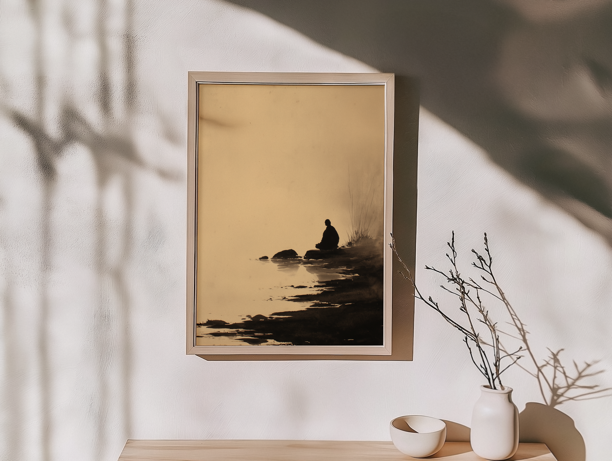 Sumi-e style ink wash print of a lone figure seated by still water in mist, framed in light wood on an entryway console with a dried branch and ceramic bowls, Yugen Print