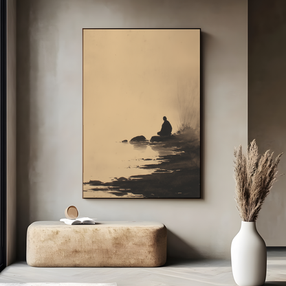 Sumi-e style ink wash print of a solitary figure resting beside still water, in a dark frame above a stone bench with pampas grass, Yugen Print
