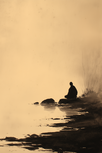Sumi-e style ink wash print of a lone figure seated by still water with mist, black ink on cream, Yugen Print