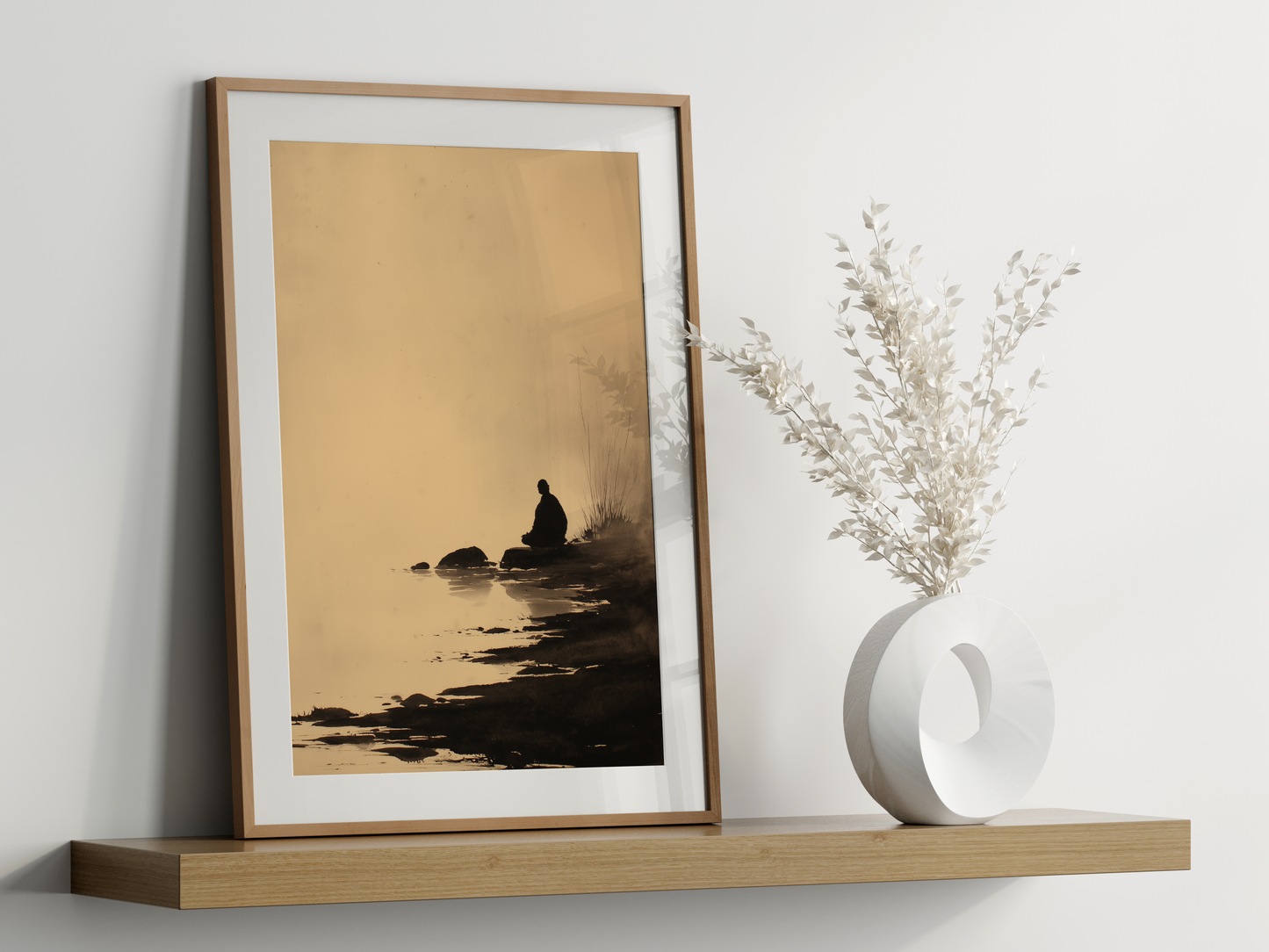 Sumi-e style ink wash print of a lone seated figure by misty water, framed in oak on a floating shelf beside a white vase, Yugen Print
