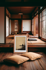 Sumi-e style ink wash print of a lone figure seated at the edge of still water, framed on the floor of a Japanese tatami room with floor cushions, Yugen Print