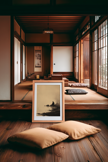 Sumi-e style ink wash print of a lone figure seated at the edge of still water, framed on the floor of a Japanese tatami room with floor cushions, Yugen Print