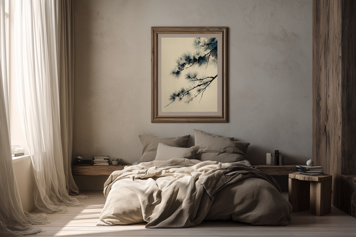 Winter Pine print in a bedroom with natural linen bedding, wood nightstand, and soft morning light, Yugen Print.