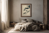 Winter Pine print in a bedroom with natural linen bedding, wood nightstand, and soft morning light, Yugen Print.