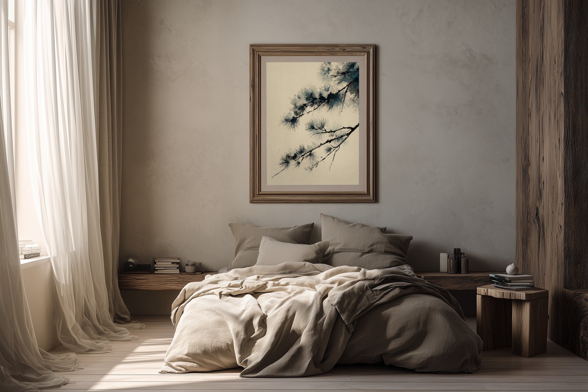 Winter Pine print in a bedroom with natural linen bedding, wood nightstand, and soft morning light, Yugen Print.