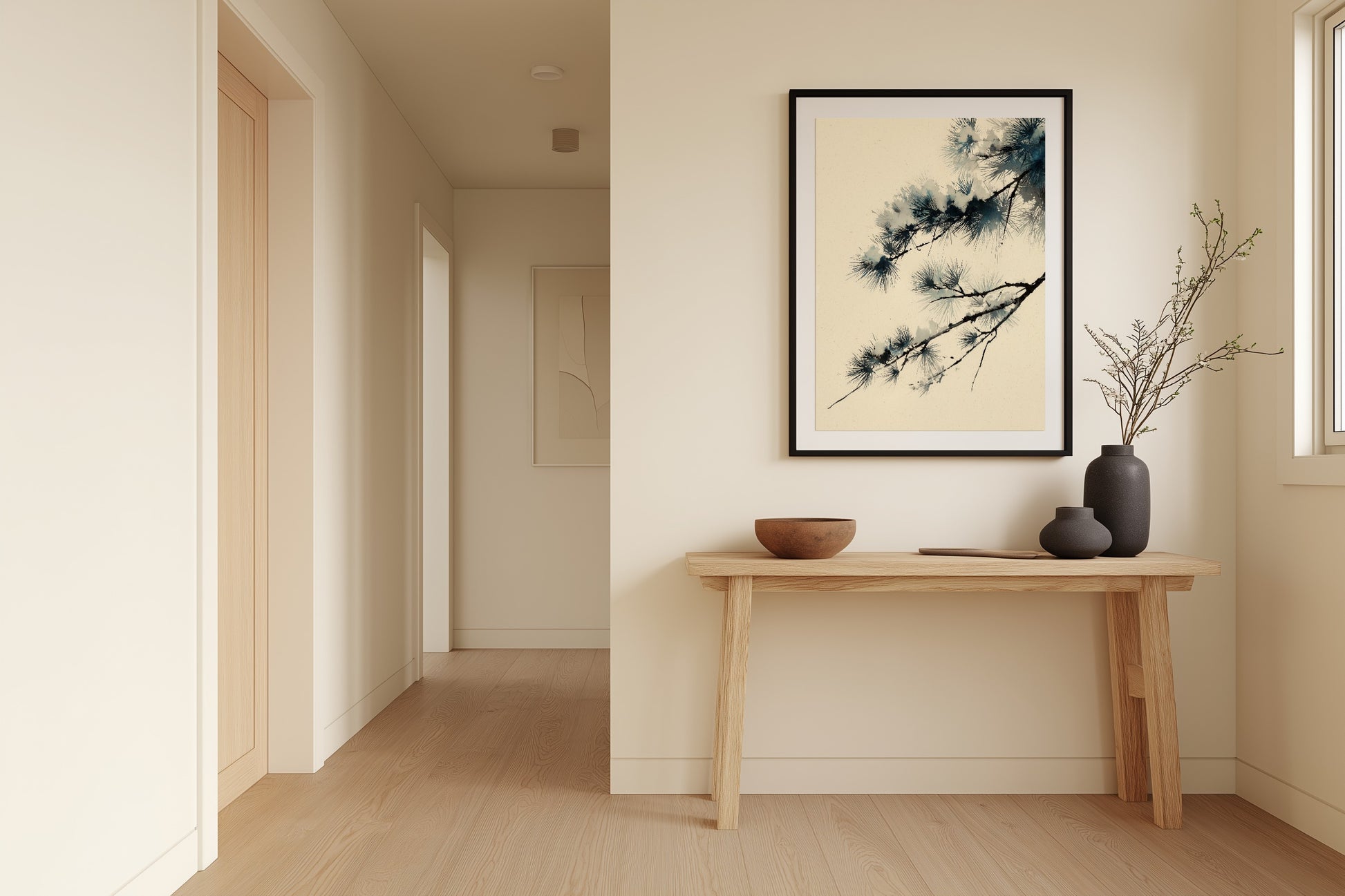 Winter Pine print in a hallway with wood console table, ceramic bowl, and gentle overhead light, Yugen Print.