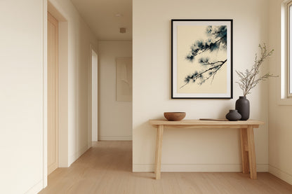 Winter Pine print in a hallway with wood console table, ceramic bowl, and gentle overhead light, Yugen Print.