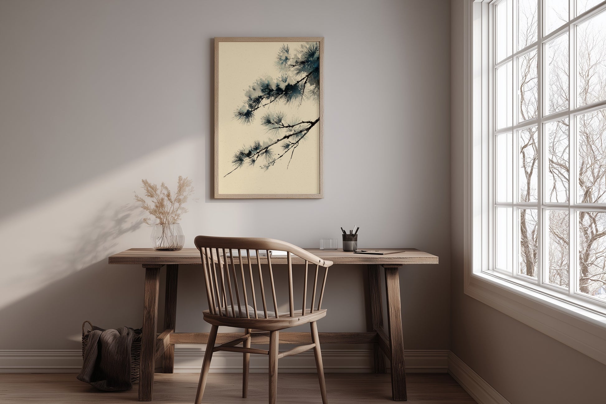 Winter Pine print in a home office with simple desk, wood chair, and natural window light, Yugen Print.