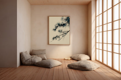 Winter Pine print in a meditation room with low cushions, wood floor, and soft natural light, Yugen Print.